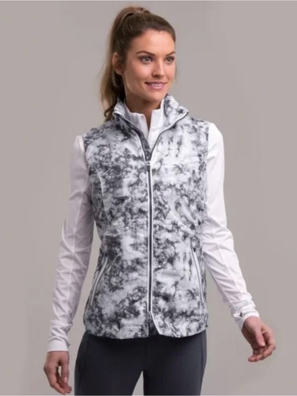 Marble-Print Zip Front Vest - White & Gray